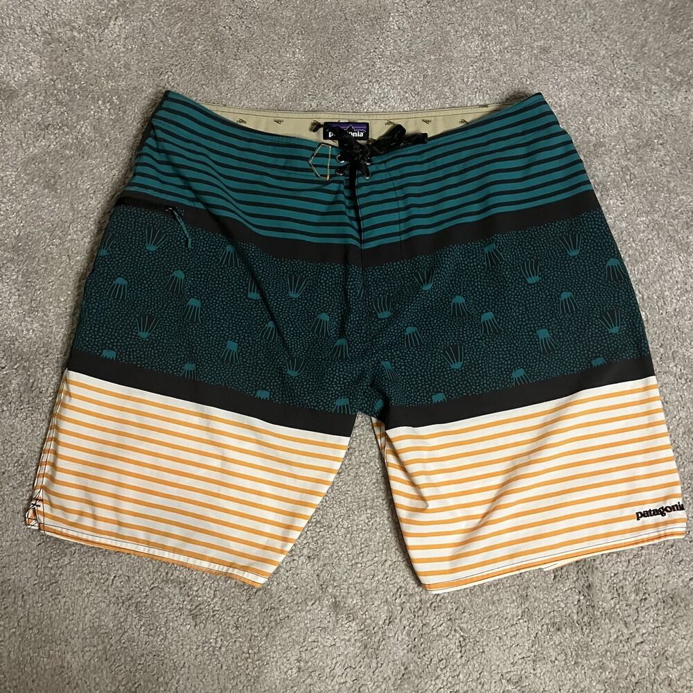Patagonia Mens Stretch Planing Board Shorts Size 38 Teal Orange Stripe Jellyfish